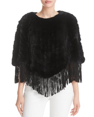 Surell Suede Fringe Rabbit Fur Cape