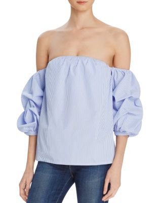 AQUA Stripe Off the Shoulder Ruffle Sleeve Top