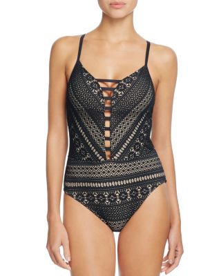 Bleu Rod Beattie Crochet Plunging One Piece Swimsuit