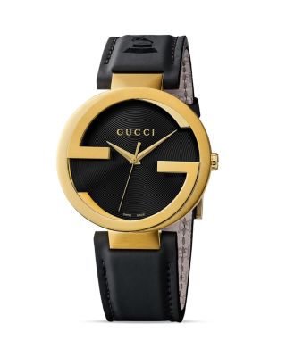 Gucci Interlocking Yellow Gold PVD Black Leather Watch, 42mm