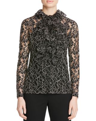 PAULE KA Sheer Lace Ruffle Blouse