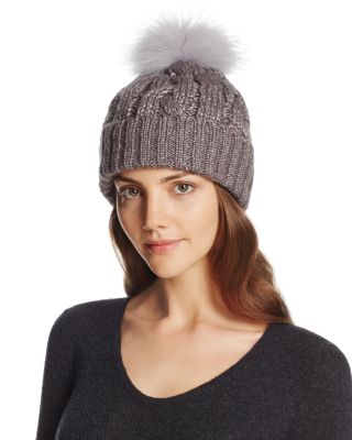 AQUA Metallic Cable Knit Beanie with Asiatic Raccoon Fur Pom-Pom