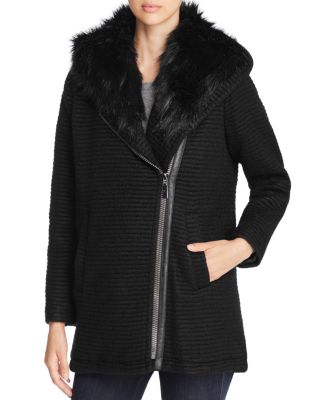 VINCE CAMUTO Faux Fur Trim Asymmetric Front Coat