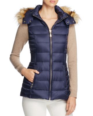 kate spade new york Faux Fur Trim Hooded Long Down Vest