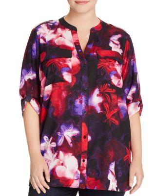 Calvin Klein Plus Watercolor Floral Roll-Sleeve Top