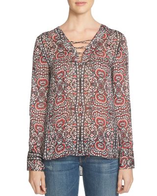 1.STATE Lace Up Print Blouse