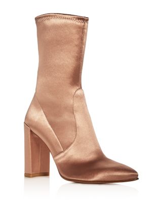 STUART WEITZMAN CLINGER STRETCH SATIN POINTED TOE BOOTS,CLINGER