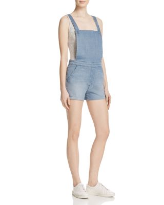 MOTHER Swooner Short Denim Overalls in Unexpected Storm