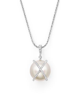 Tara Pearls 18K White Gold X & O Natural Color Baroque White South Sea Cultured Pearl and Diamond Pendant Necklace, 18