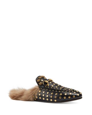 Gucci Princetown Studded Leather and Lamb Fur Slippers