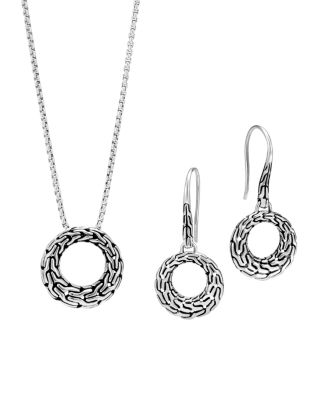 John Hardy Sterling Silver Classic Chain Small Round Earrings & Pendant Necklace Gift Box Set