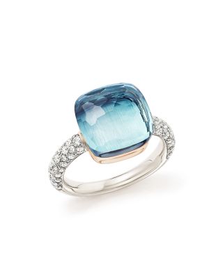 Pomellato Nudo Maxi Ring with Faceted Blue Topaz and Diamonds in 18K White and Rose Gold